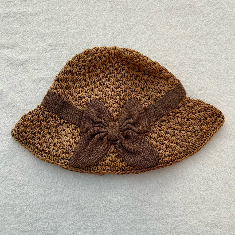 Vintage Cottagecore Sun Hat Brown Woven Women's Bow